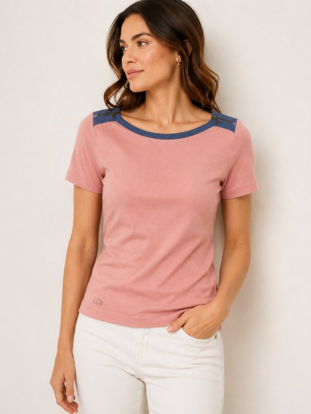 Lauren Ralph Lauren Women M Pink Cotton Boat Neck Tee Shoulder Zip Preppy 1445